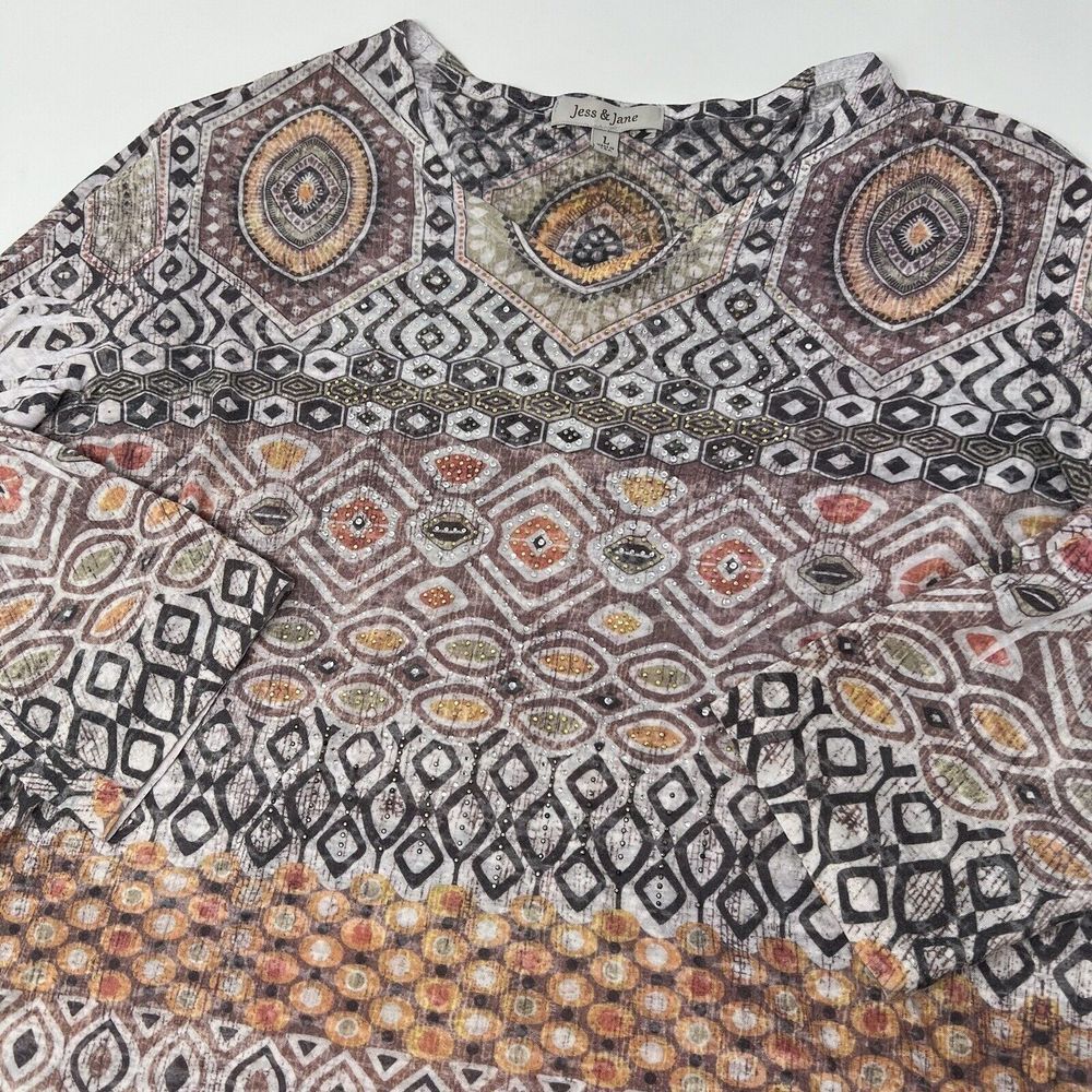 Jess & Jane Womens Large Brown Geometric Rhinestone Lightweight V-Neck‎ Top